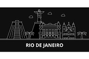 Rio De Janeiro silhouette skyline. Brazil - Rio De Janeiro vector city, brazilian linear architecture, buildings. Rio De Janeiro travel illustration, outline landmarks. Brazil flat icon, line banner