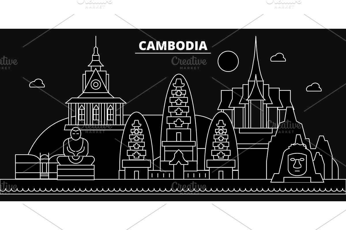 Cambodia silhouette skyline, Cambodia vector city, cambodian linear architecture, buildingline travel illustration, landmarkflat icon, cambodian outline design banner in Illustrations - product preview 8