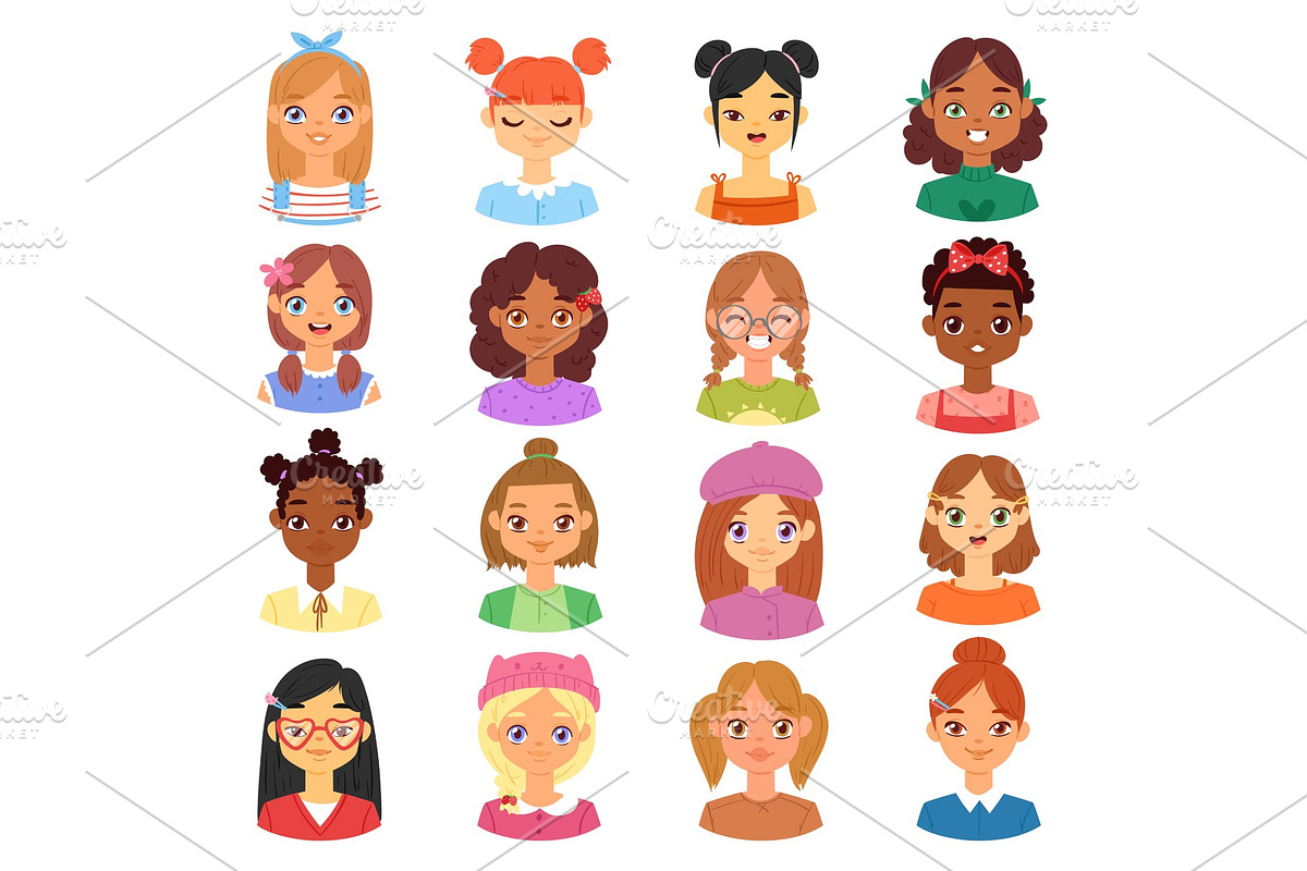 Woman portrait vector female character face of girl with hairstyle and cartoon person with various skin tone illustration set of beautiful facial features isolated on white background in Illustrations - product preview 8