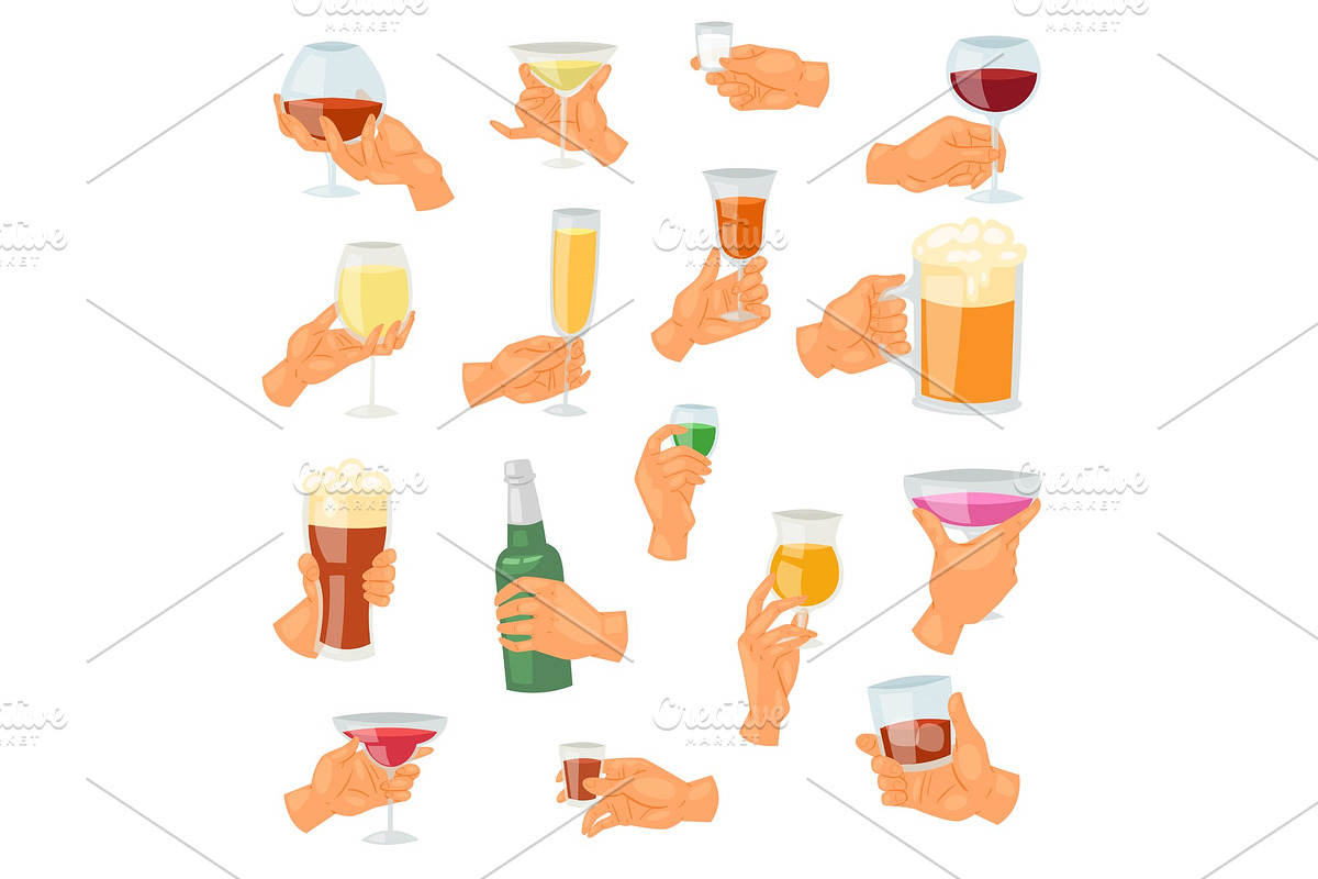 Beverage in hand vector drinking alcoholic cocktail tequila martini or nonalcoholic beer in mug illustration set of handing glass of drinkable alcohol isolated on white background in Illustrations - product preview 8
