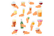 Beverage in hand vector drinking alcoholic cocktail tequila martini or nonalcoholic beer in mug illustration set of handing glass of drinkable alcohol isolated on white background