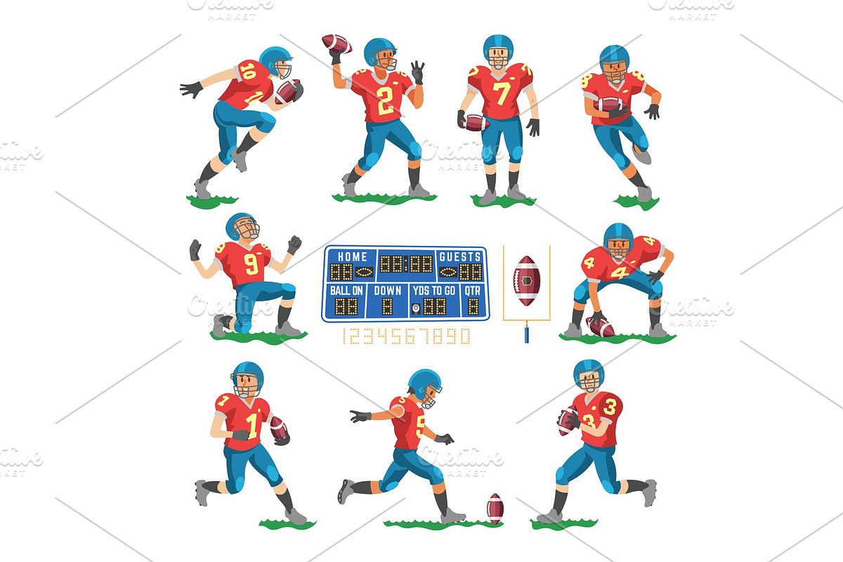Soccer vector footballer or soccerplayer character in sportswear playing with soccerball on football pitch illustration set of sportsman in footballing clothes isolated on white background in Illustrations - product preview 8