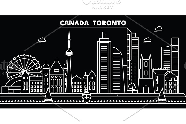 Toronto city silhouette skyline. Canada - Toronto city vector city, canadian linear architecture, buildings. Toronto city travel illustration, outline landmarks. Canada flat icon, canadian line banner