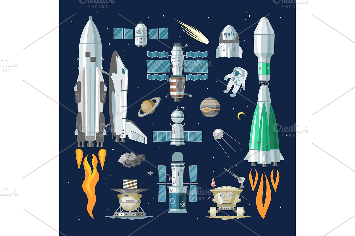 Rocket vector spaceship or spacecraft and satellite or lunar-rover illustration spacy set of spaced ship in universe space with planets isolated on background in Illustrations - product preview 8