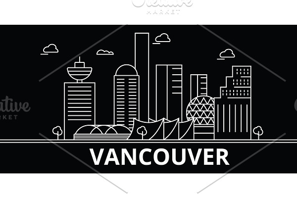 Vancouver silhouette skyline. Canada - Vancouver vector city, canadian linear architecture, buildings. Vancouver travel illustration, outline landmarks. Canada flat icon, canadian line banner