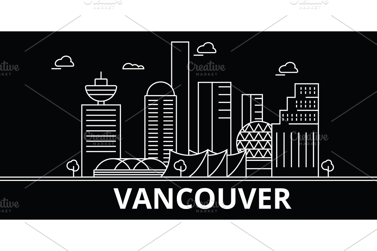 Vancouver silhouette skyline. Canada - Vancouver vector city, canadian linear architecture, buildings. Vancouver travel illustration, outline landmarks. Canada flat icon, canadian line banner in Illustrations - product preview 8