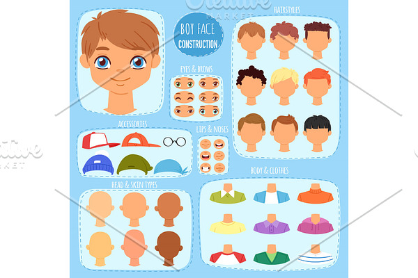 Boy face constructor vector kids character and guy avatar creation with head lips eyes illustration set of man-child facial elements construction with children hairstyle isolated on background