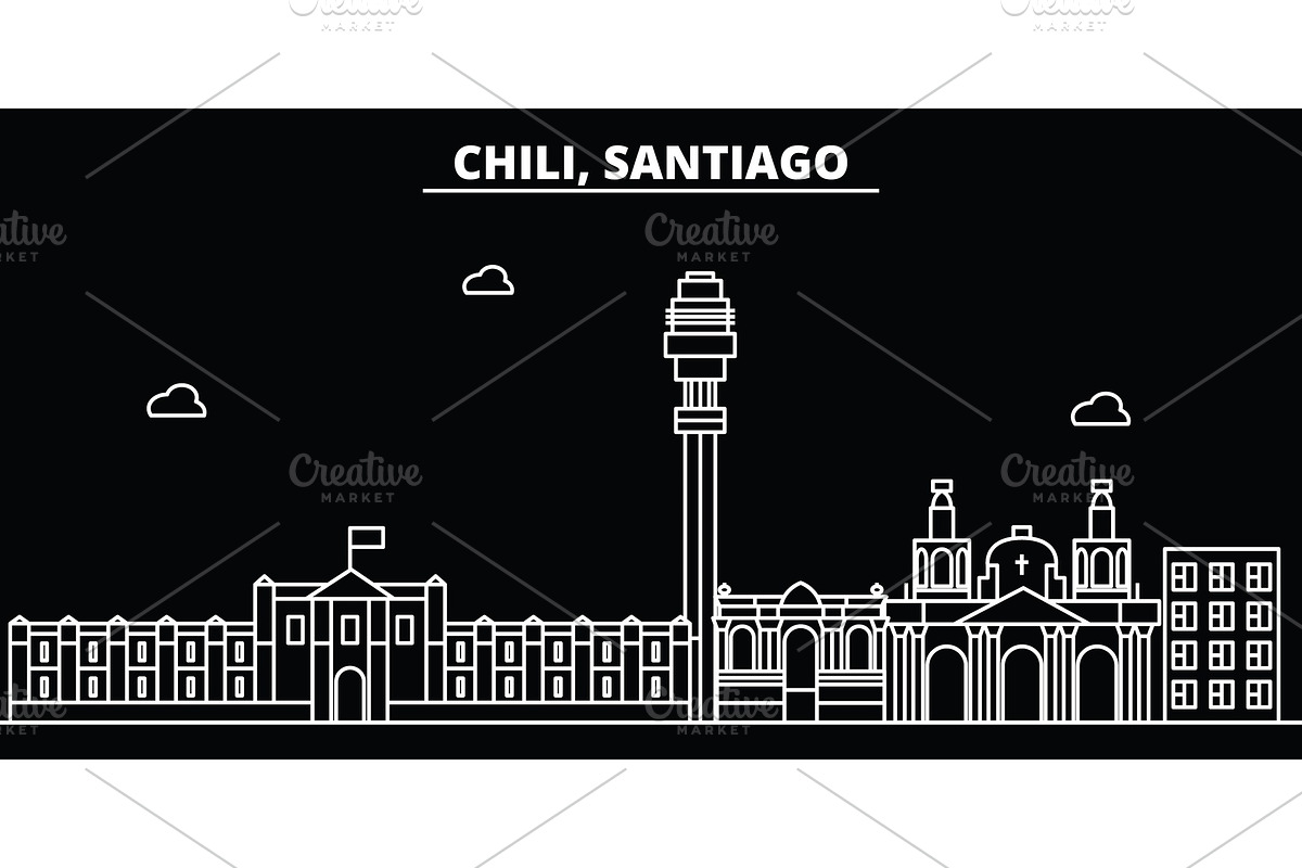 Santiago de Chile silhouette skyline. Santiago de Chile vector city, chilian linear architecture, buildingtravel illustration, outline landmarkflat line icon, s in Illustrations - product preview 8