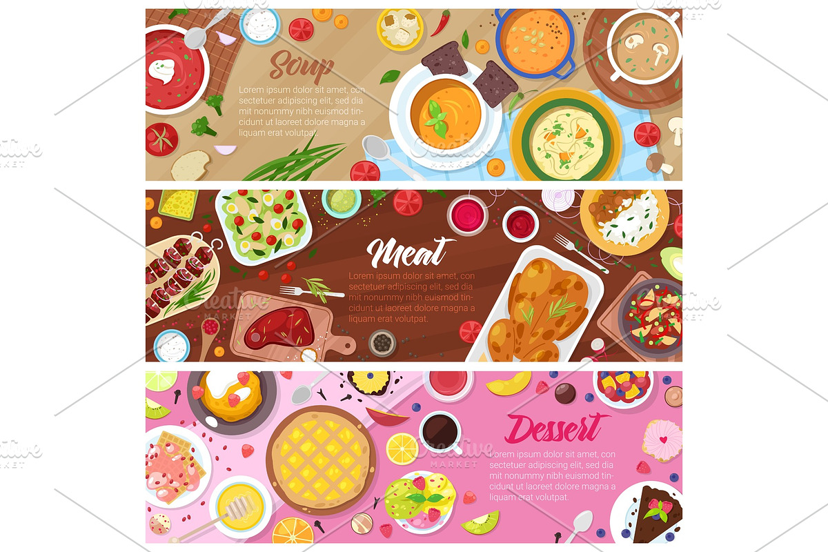Food vector cooked meal soup meat and sweet dessert cake with fruits in restaurant menu illustration set of pea-soup in bowl and beefsteak on plate isolated on white background in Illustrations - product preview 8