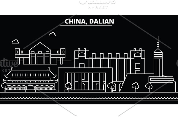 Dalian silhouette skyline. China - Dalian vector city, chinese linear architecture, buildings. Dalian travel illustration, outline landmarks. China flat icon, chinese line banner