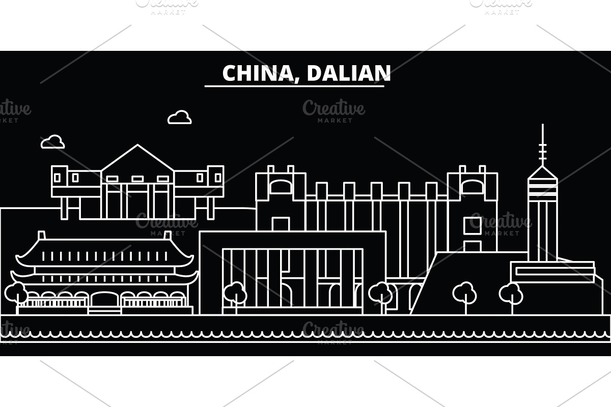 Dalian silhouette skyline. China - Dalian vector city, chinese linear architecture, buildings. Dalian travel illustration, outline landmarks. China flat icon, chinese line banner in Illustrations - product preview 8