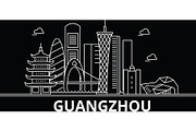 Guangzhou silhouette skyline. China - Guangzhou vector city, chinese linear architecture, buildings. Guangzhou travel illustration, outline landmarks. China flat icon, chinese line banner
