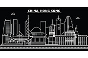 Hong Kong silhouette skyline. China - Hong Kong vector city, chinese linear architecture, buildings. Hong Kong travel illustration, outline landmarks. China flat icon, chinese line banner