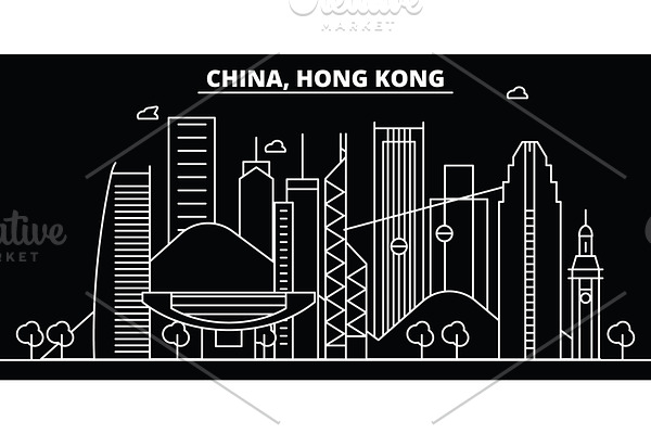 Hong Kong silhouette skyline. China - Hong Kong vector city, chinese linear architecture, buildings. Hong Kong line travel illustration, landmarks. China flat icon, chinese outline design banner