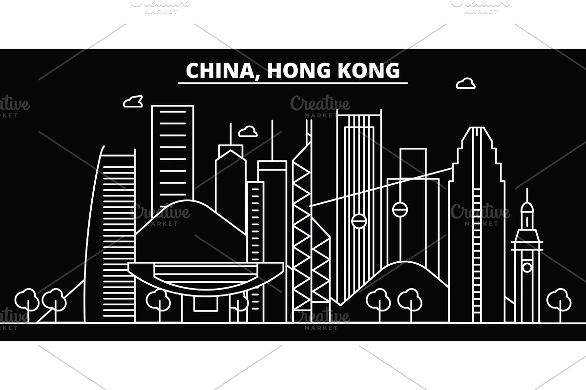 Hong Kong silhouette skyline. China - Hong Kong vector city, chinese linear architecture, buildings. Hong Kong line travel illustration, landmarks. China flat icon, chinese outline design banner in Illustrations - product preview 8