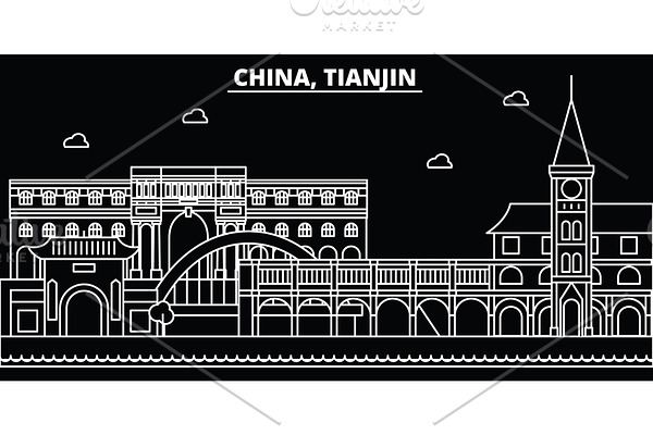 Tianjin silhouette skyline. China - Tianjin vector city, chinese linear architecture, buildings. Tianjin line travel illustration, landmarks. China flat icon, chinese outline design banner