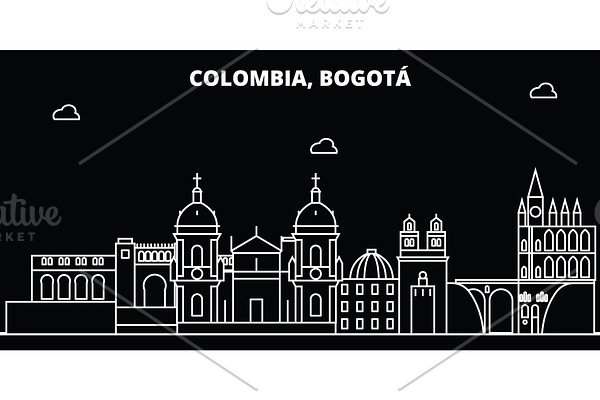 Bogota silhouette skyline. Colombia - Bogota vector city, colombian linear architecture, buildings. Bogota line travel illustration, landmarks. Colombia flat icon, colombian outline design banner