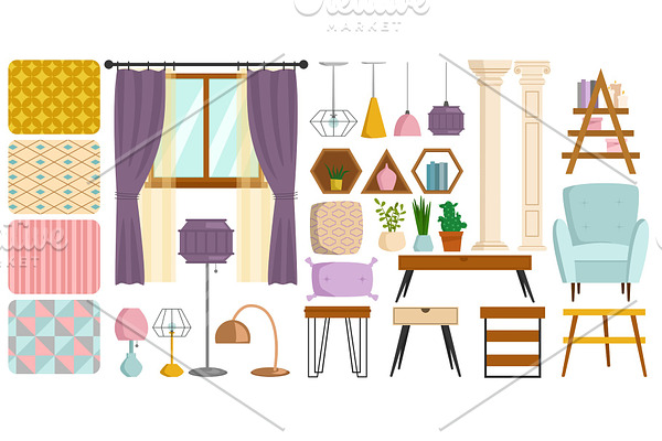 Vintage interior furniture rich wealthy house chair room with sofa couch seat set vector illustration.