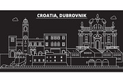 Dubrovnik silhouette skyline. Croatia - Dubrovnik vector city, croatian linear architecture, buildings. Dubrovnik travel illustration, outline landmarks. Croatia flat icon, croatian line banner