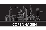 Copenhagen silhouette skyline. Denmark - Copenhagen vector city, danish linear architecture, buildings. Copenhagen travel illustration, outline landmarks. Denmark flat icon, danish line banner