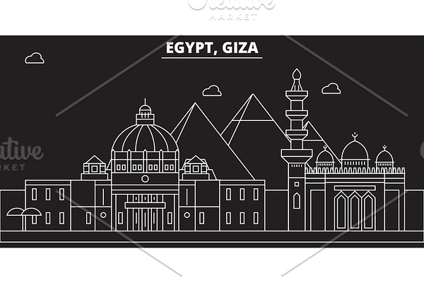 Giza silhouette skyline. Egypt - Giza vector city, egyptian linear architecture, buildings. Giza line travel illustration, landmarks. Egypt flat icon, egyptian outline design banner