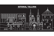 Tallinn silhouette skyline. Estonia - Tallinn vector city, estonian linear architecture, buildings. Tallinn travel illustration, outline landmarks. Estonia flat icon, estonian line banner