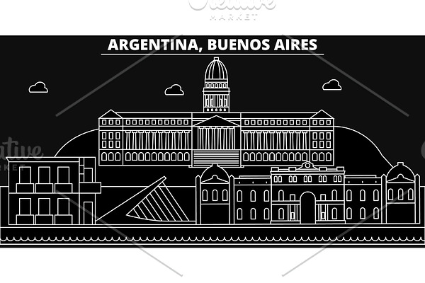 Buenos Aires silhouette skyline. Argentina - Buenos Aires vector city, argentinian linear architecture, buildings. Buenos Aires line travel illustration, landmarks. Argentina flat outline icon, s