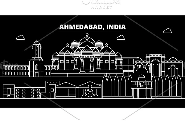 Ahmedabad silhouette skyline. India - Ahmedabad vector city, indian linear architecture, buildings. Ahmedabad travel illustration, outline landmarks. India flat icon, indian line banner