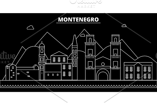 Montenegro silhouette skyline, vector city, montenegrin linear architecture, buildings. Montenegro travel illustration, outline landmarkflat icon, montenegrin line banner