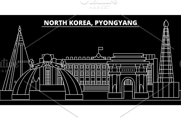 Pyongyang silhouette skyline. North Korea - Pyongyang vector city, korean linear architecture, buildings. Pyongyang travel illustration, outline landmarks. North Korea flat icon, korean line banner