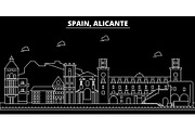 Alicante silhouette skyline. Spain - Alicante vector city, spanish linear architecture, buildings. Alicante travel illustration, outline landmarks. Spain flat icon, spanish line banner