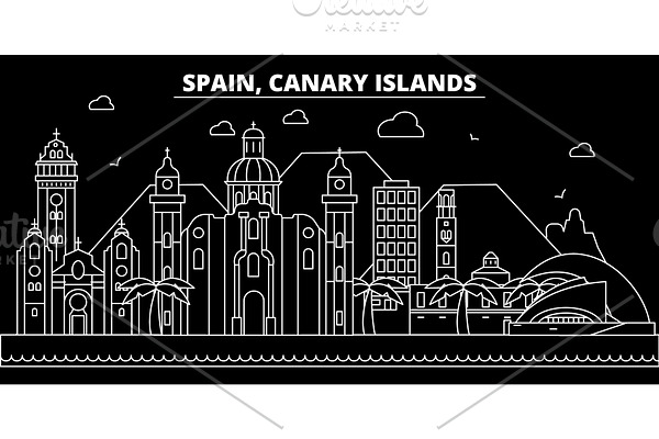 Canarian Islands silhouette skyline. Spain - Canarian Islands vector city, spanish linear architecture. Canarian Islands travel illustration, outline landmarks. Spain flat icon, spanish line banner