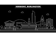 Burlington silhouette skyline. USA - Burlington vector city, american linear architecture, buildings. Burlington travel illustration, outline landmarks. USA flat icon, american line banner