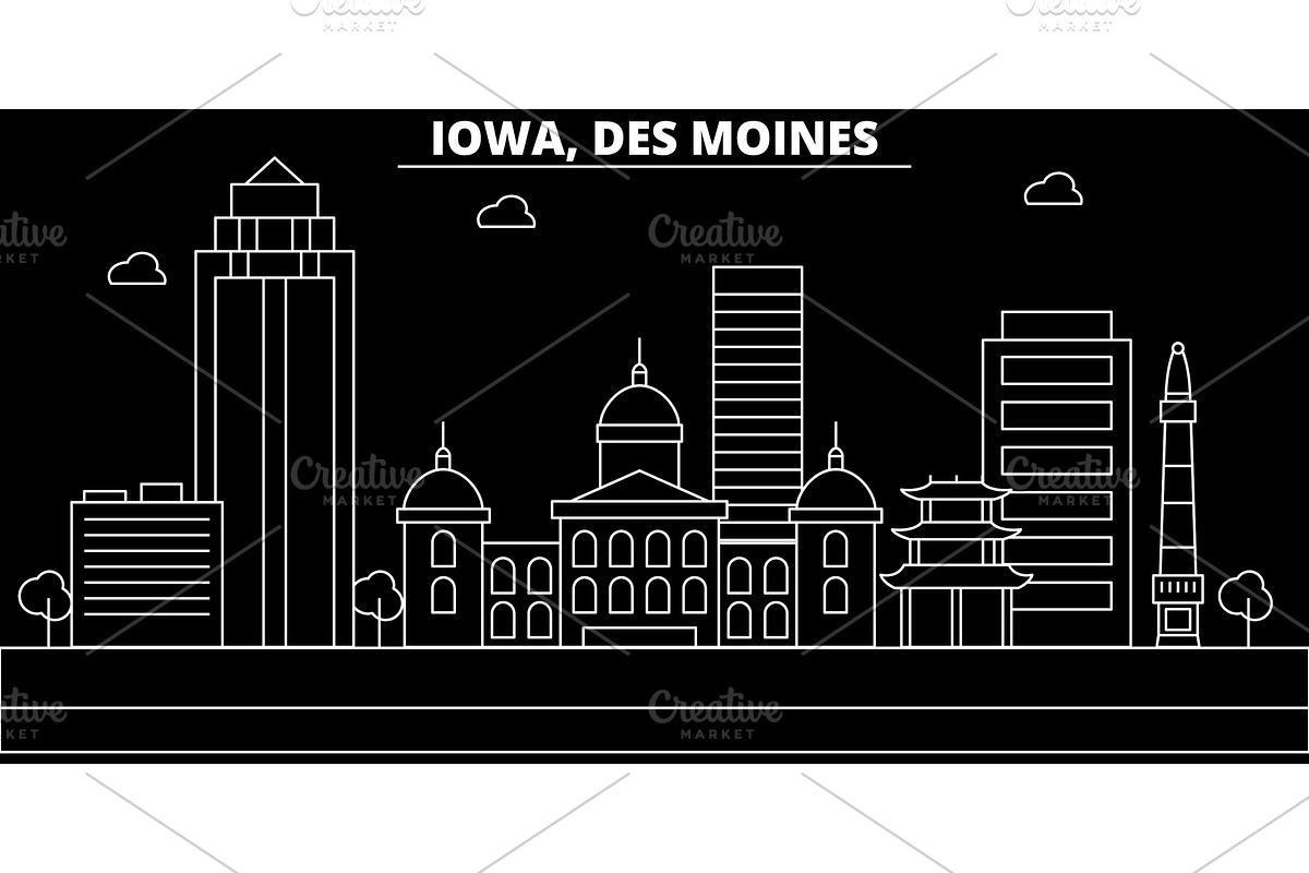 Des Moines silhouette skyline. USA - Des Moines vector city, american linear architecture, buildings. Des Moines travel illustration, outline landmarks. USA flat icon, american line banner in Illustrations - product preview 8