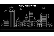 Des Moines silhouette skyline. USA - Des Moines vector city, american linear architecture, buildings. Des Moines travel illustration, outline landmarks. USA flat icon, american line banner