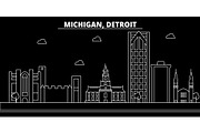 Detroit silhouette skyline. USA - Detroit vector city, american linear architecture, buildings. Detroit travel illustration, outline landmarks. USA flat icon, american line banner