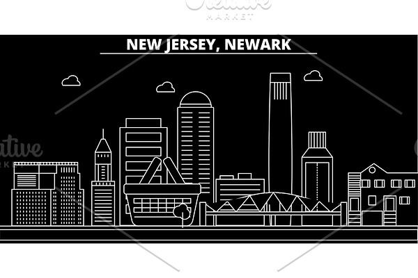 Newark silhouette skyline. USA - Newark vector city, american linear architecture, buildings. Newark travel illustration, outline landmarks. USA flat icon, american line banner