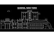 Queens silhouette skyline. USA - Queens vector city, american linear architecture, buildings. Queens travel illustration, outline landmarks. USA flat icon, american line banner