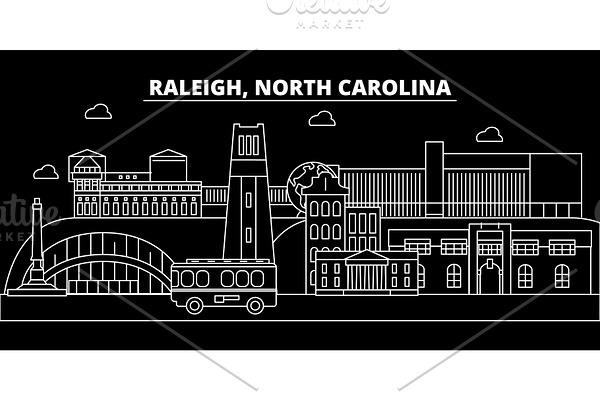 Raleigh silhouette skyline. USA - Raleigh vector city, american linear architecture, buildings. Raleigh travel illustration, outline landmarks. USA flat icon, american line banner