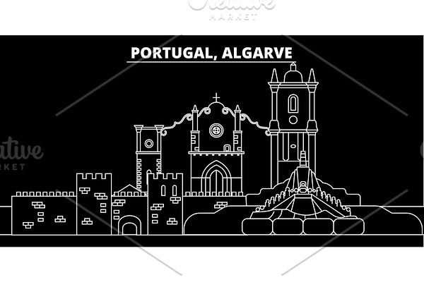 Algarve silhouette skyline. Portugal - Algarve vector city, portuguese linear architecture, buildings. Algarve travel illustration, outline landmarks. Portugal flat icon, portuguese line banner