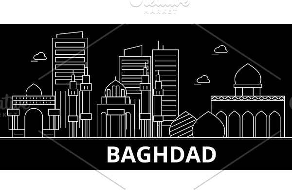 Baghdad silhouette skyline. Iraq - Baghdad vector city, iraqi linear architecture, buildings. Baghdad travel illustration, outline landmarks. Iraq flat icon, iraqi line banner