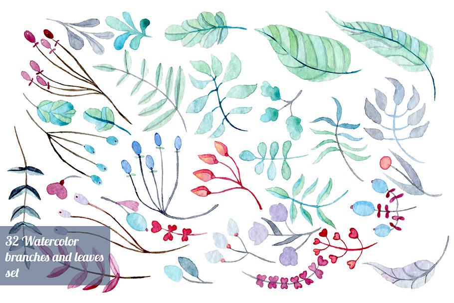32 Watercolor branches set in Objects - product preview 8