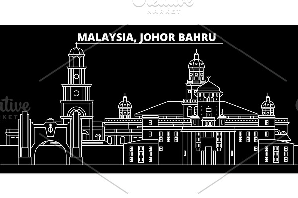 Johor Bahru silhouette skyline. Malaysia - Johor Bahru vector city, malaysian linear architecture. Johor Bahru travel illustration, outline landmarks. Malaysia flat icon, malaysian line banner