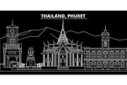 Phuket silhouette skyline. Thailand - Phuket vector city, thai linear architecture, buildings. Phuket travel illustration, outline landmarks. Thailand flat icon, thai line banner