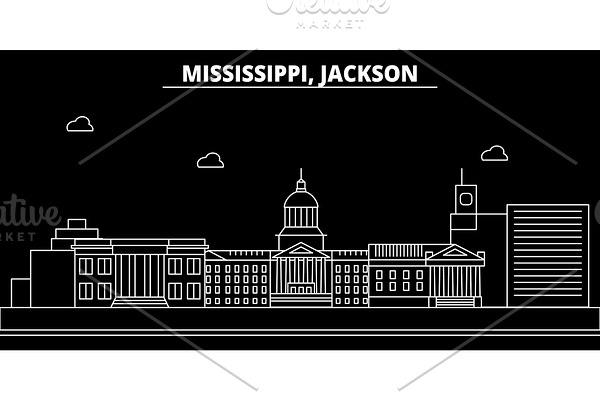 Jackson silhouette skyline. USA - Jackson vector city, american linear architecture, buildings. Jackson travel illustration, outline landmarks. USA flat icon, american line banner