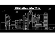 Manhattan silhouette skyline. USA - Manhattan vector city, american linear architecture, buildings. Manhattan travel illustration, outline landmarks. USA flat icon, american line banner