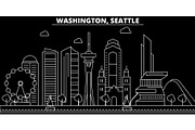 Seattle silhouette skyline. USA - Seattle vector city, american linear architecture, buildings. Seattle travel illustration, outline landmarks. USA flat icon, american line banner