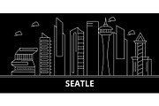Seattle city silhouette skyline. USA - Seattle city vector city, american linear architecture, buildings. Seattle city travel illustration, outline landmarks. USA flat icon, american line banner