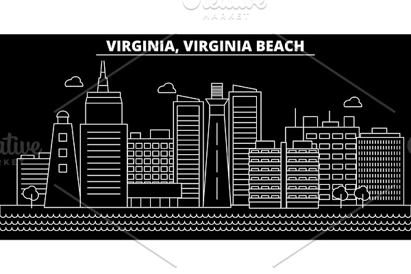 Virginia Beach silhouette skyline. USA - Virginia Beach vector city, american linear architecture, buildings. Virginia Beach travel illustration, outline landmarks. USA flat icon, american line banner