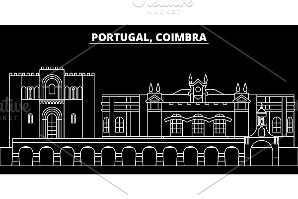 Coimbra silhouette skyline. Portugal - Coimbra vector city, portuguese linear architecture, buildings. Coimbra travel illustration, outline landmarks. Portugal flat icon, portuguese line banner